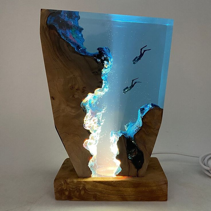 Resin Night Light Scuba Diving Deep Sea Exploration Colorful Wooden Lamp Free Diving Unique Decorative Gift Christmas Gift 15cm 20cm اپوکسی در هنر و صنایع دستی